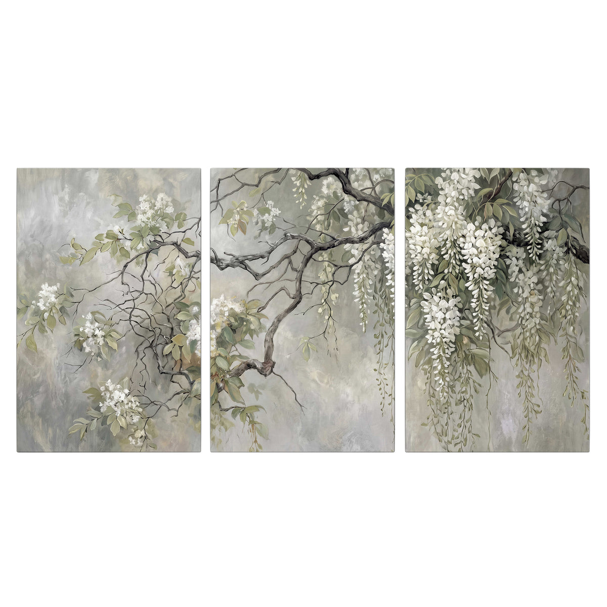 Trailing white blossoms and delicate green branches on pale gray 3 piece canvas wall art viewed straight on