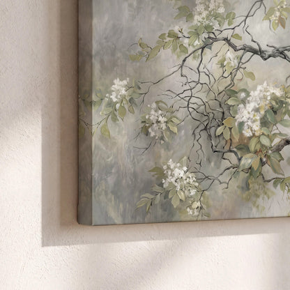 Trailing white blossoms and delicate green branches on pale gray 3 piece canvas wall art material and edge close up