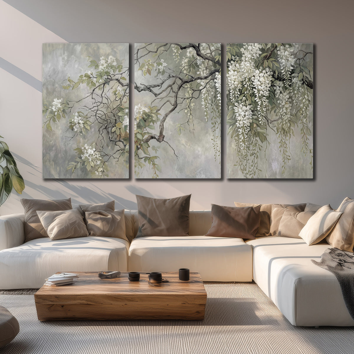 Trailing white blossoms and delicate green branches on pale gray 3 piece canvas wall art displayed in a living room