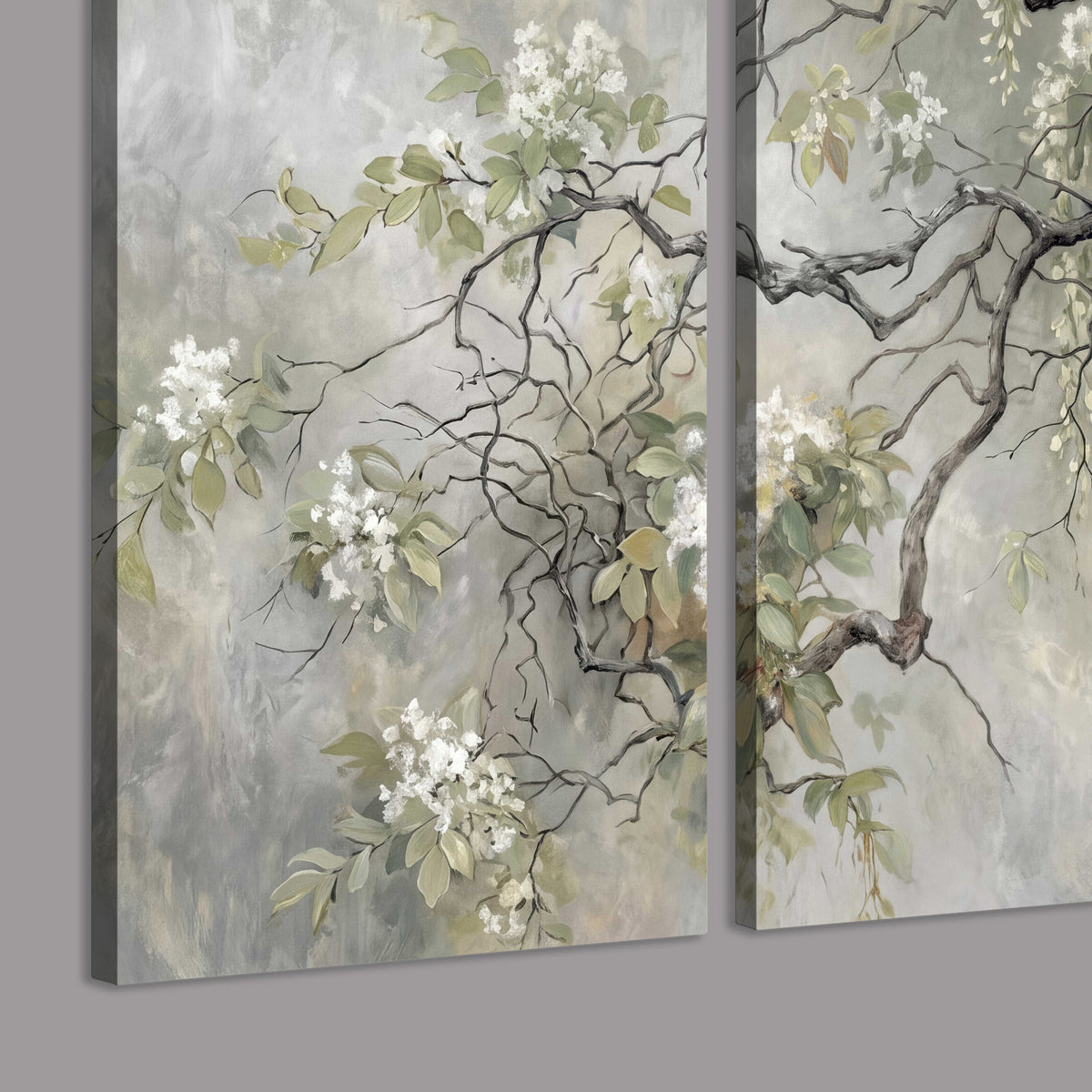 Trailing white blossoms and delicate green branches on pale gray 3 piece canvas wall art room and product view