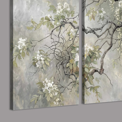 Trailing white blossoms and delicate green branches on pale gray 3 piece canvas wall art room and product view