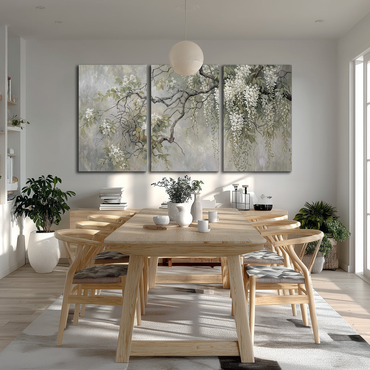 Trailing white blossoms and delicate green branches on pale gray 3 piece canvas wall art room and product view