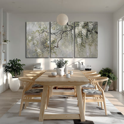 Trailing white blossoms and delicate green branches on pale gray 3 piece canvas wall art room and product view