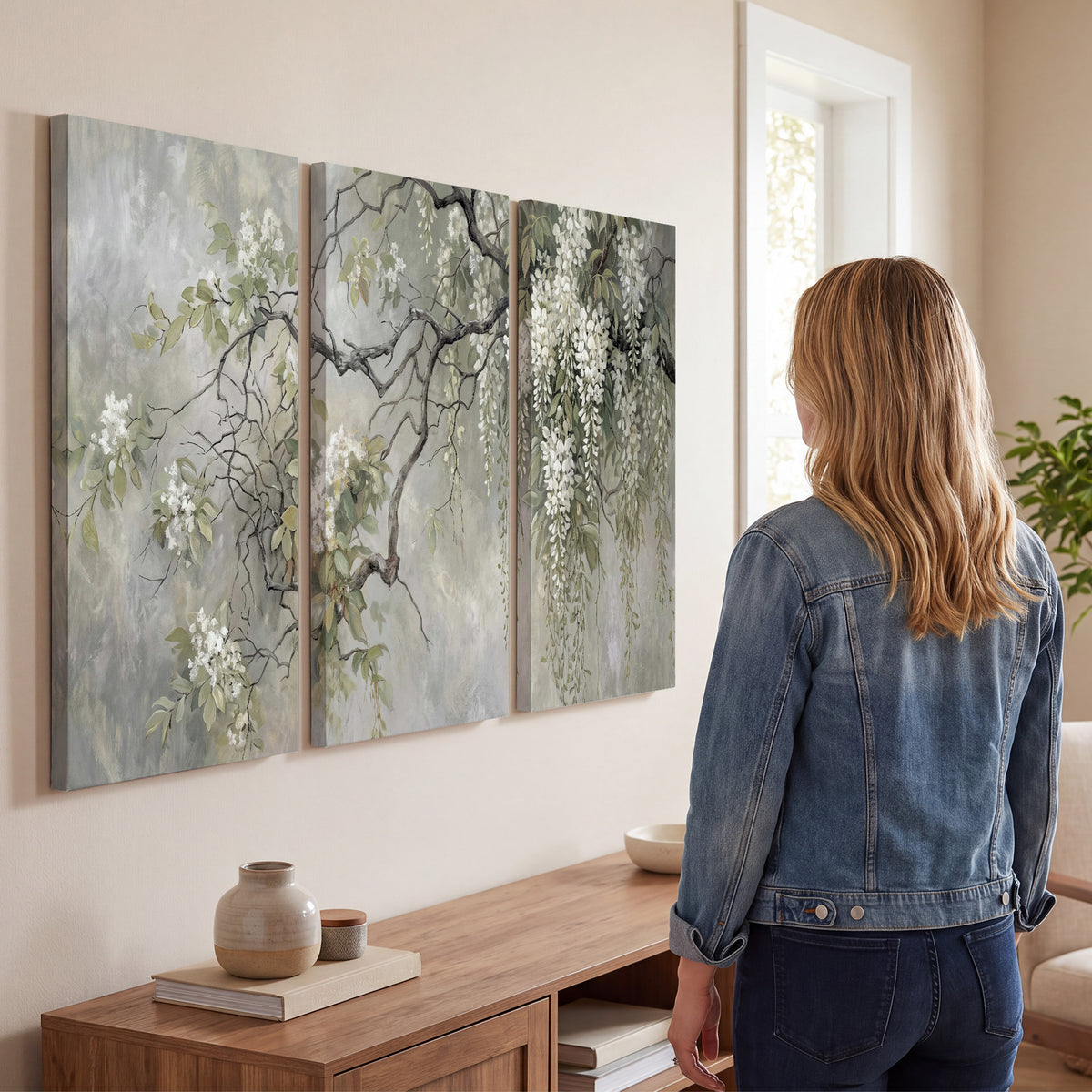 Trailing white blossoms and delicate green branches on pale gray 3 piece canvas wall art three panel arrangement on a wall