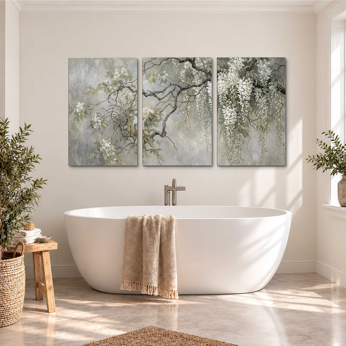 Trailing white blossoms and delicate green branches on pale gray 3 piece canvas wall art styled in an interior