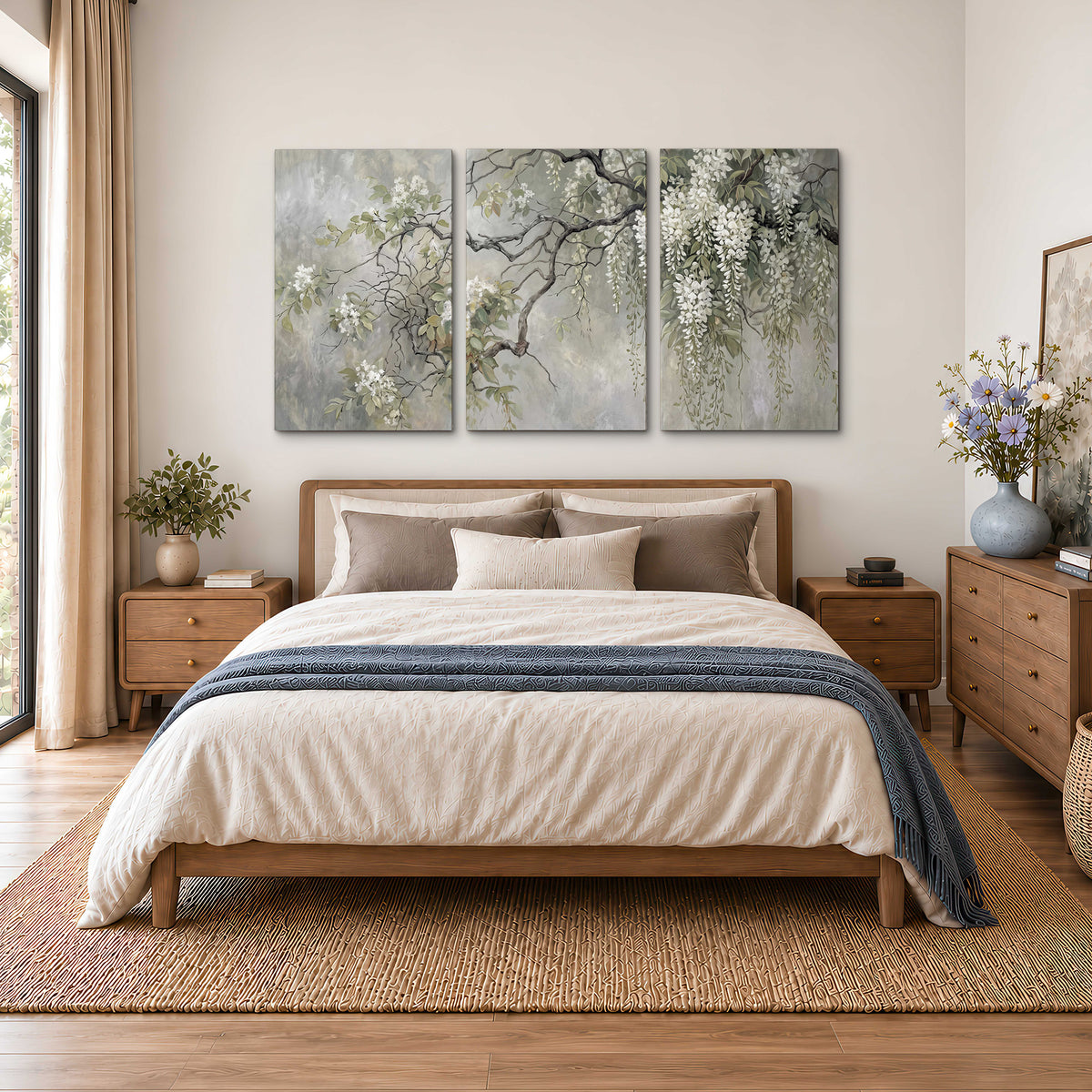 Trailing white blossoms and delicate green branches on pale gray 3 piece canvas wall art styled in an interior