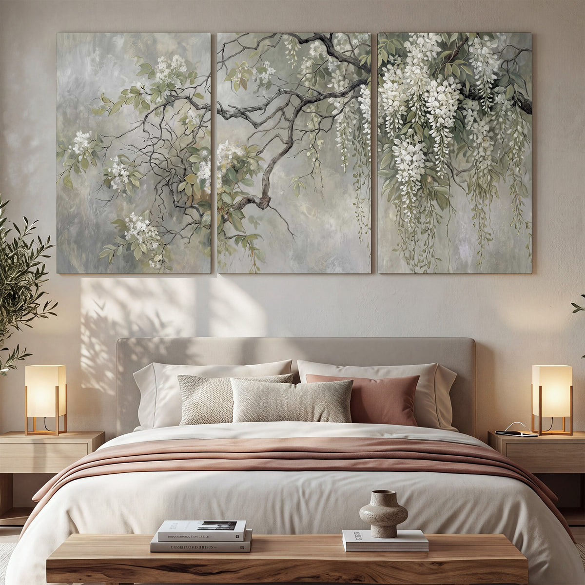 Trailing white blossoms and delicate green branches on pale gray 3 piece canvas wall art displayed in a bedroom