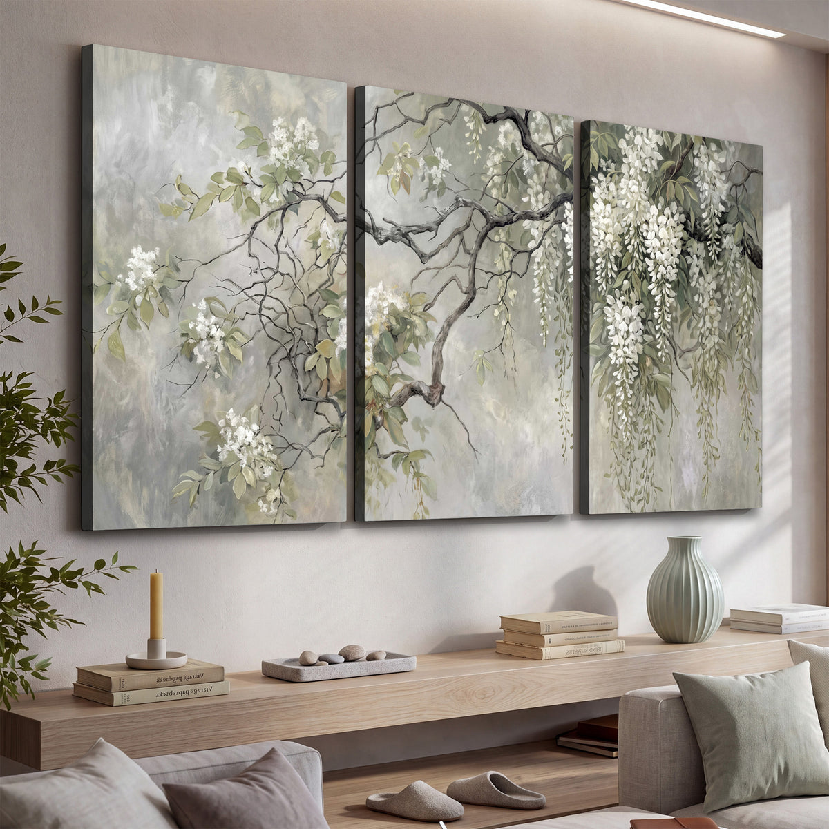 Trailing white blossoms and delicate green branches on pale gray 3 piece canvas wall art displayed in a console