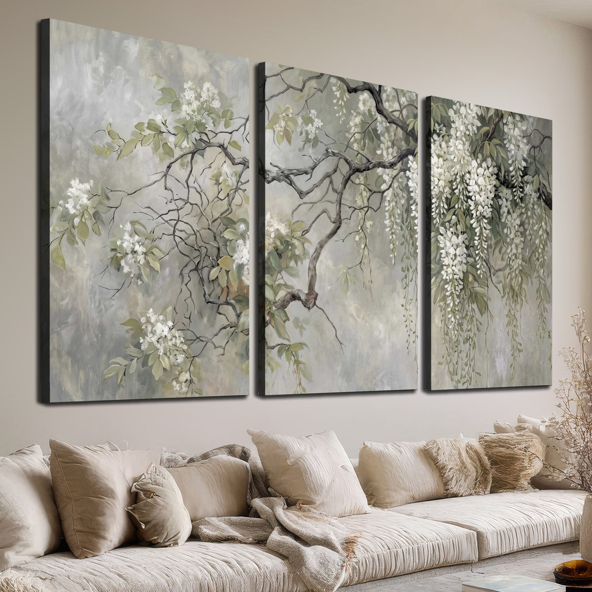 Trailing white blossoms and delicate green branches on pale gray 3 piece canvas wall art room and product view