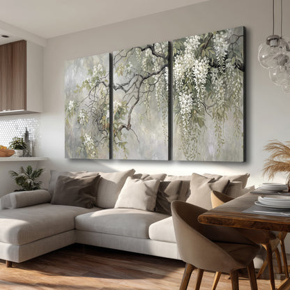 Trailing white blossoms and delicate green branches on pale gray 3 piece canvas wall art room and product view