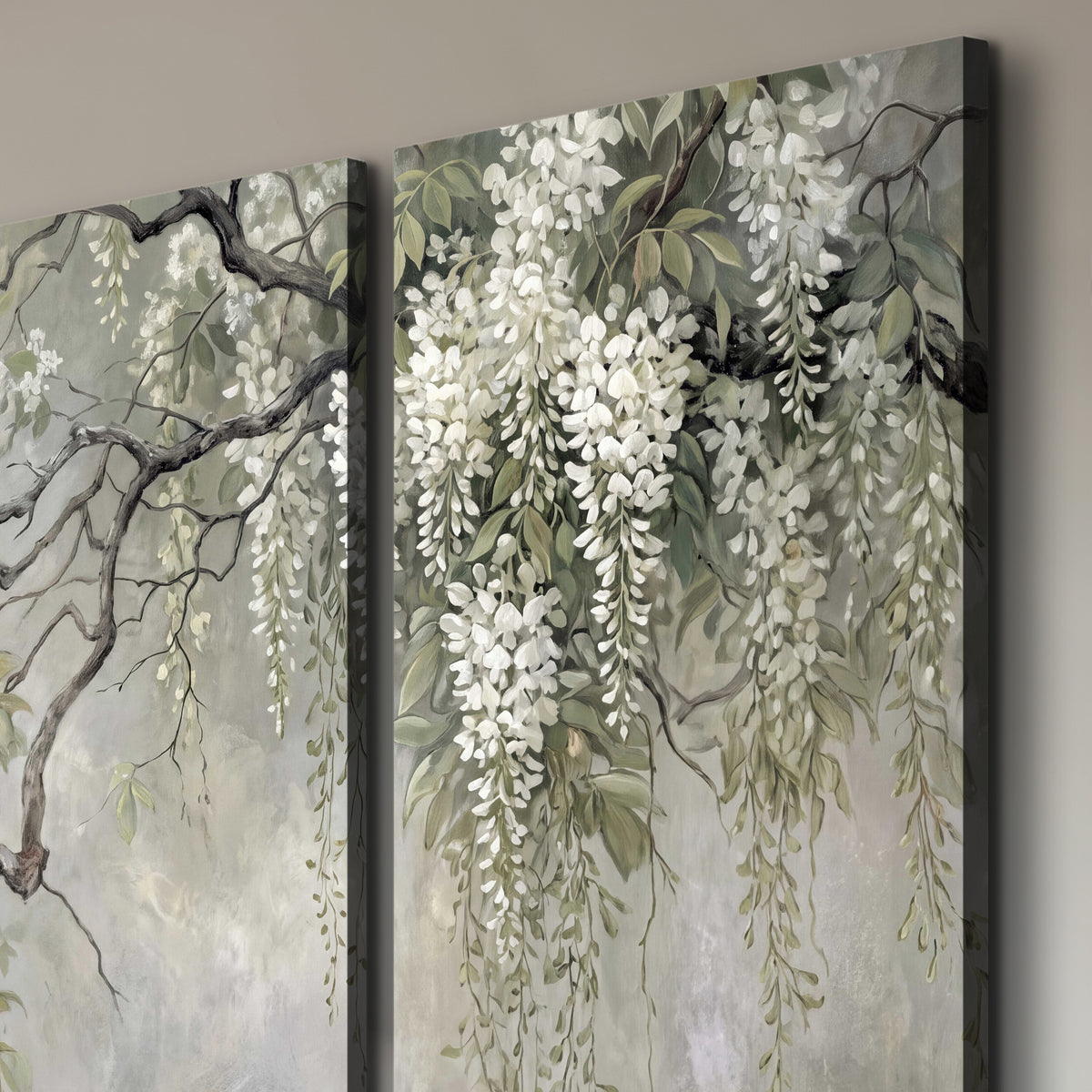 Trailing white blossoms and delicate green branches on pale gray 3 piece canvas wall art room and product view