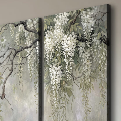 Trailing white blossoms and delicate green branches on pale gray 3 piece canvas wall art room and product view