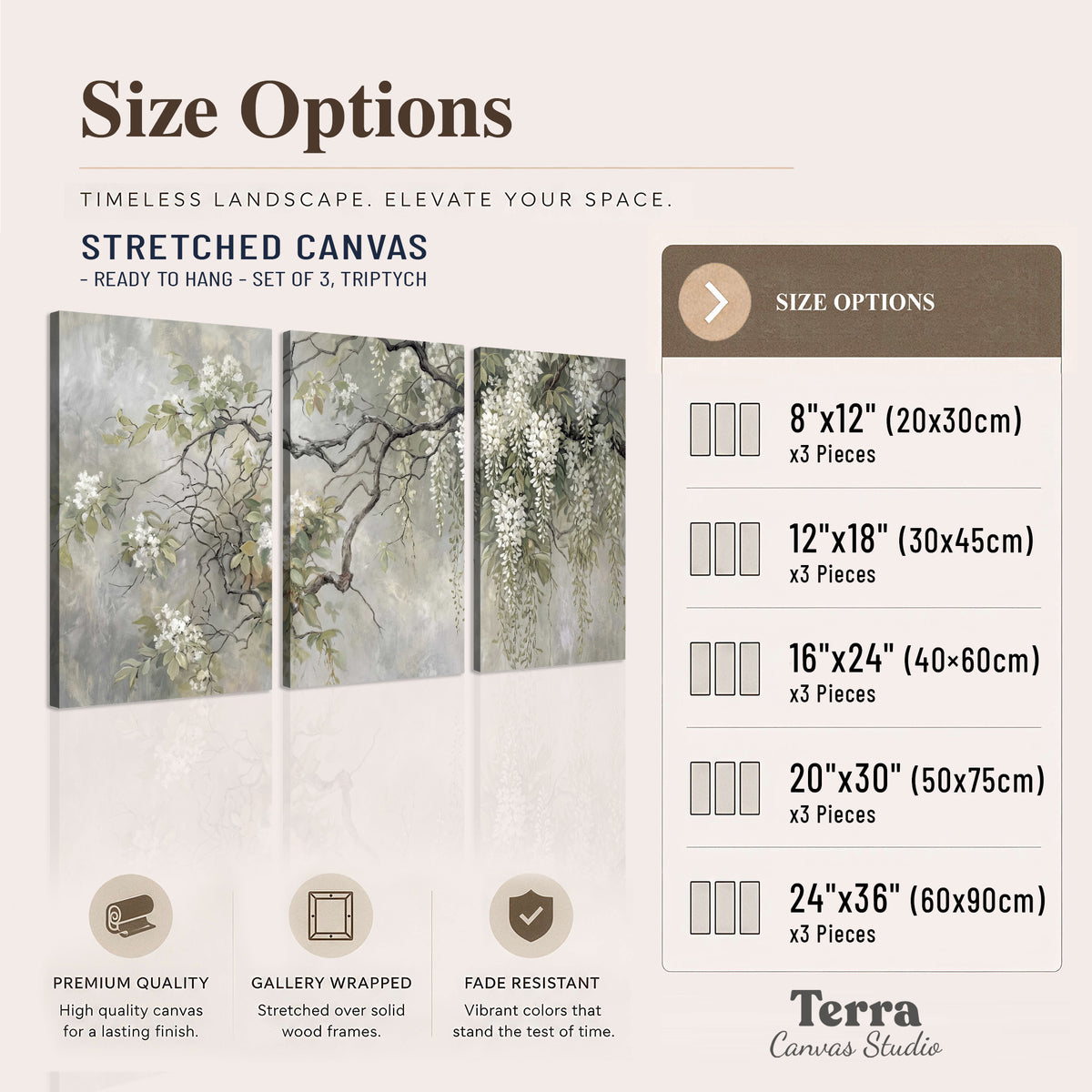 Trailing white blossoms and delicate green branches on pale gray 3 piece canvas wall art available dimensions; triptych dimensions are per panel