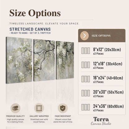 Trailing white blossoms and delicate green branches on pale gray 3 piece canvas wall art available dimensions; triptych dimensions are per panel