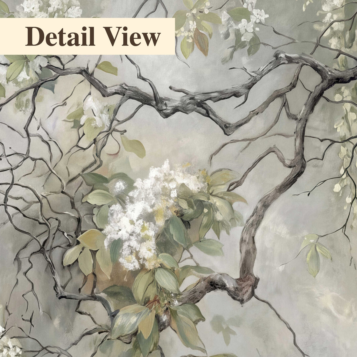 Trailing white blossoms and delicate green branches on pale gray 3 piece canvas wall art artwork detail close up
