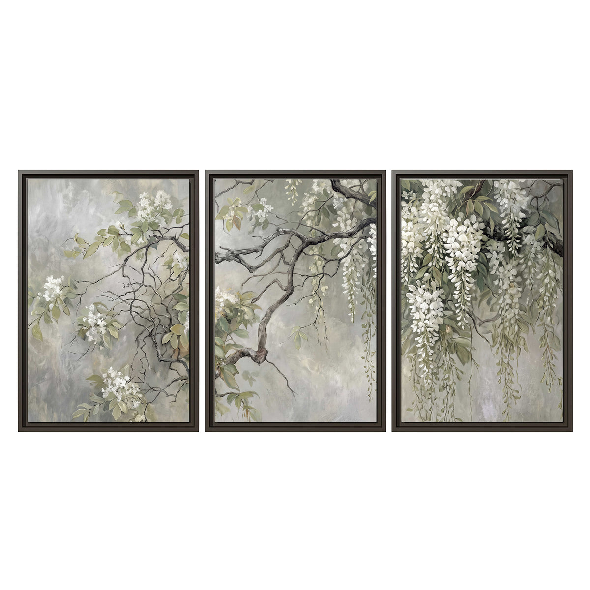 Trailing white blossoms and delicate green branches on pale gray 3 piece framed canvas wall art viewed straight on