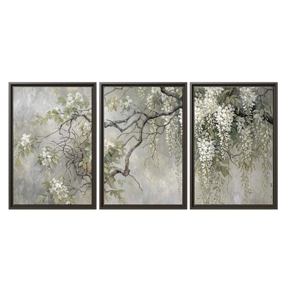 Trailing white blossoms and delicate green branches on pale gray 3 piece framed canvas wall art viewed straight on