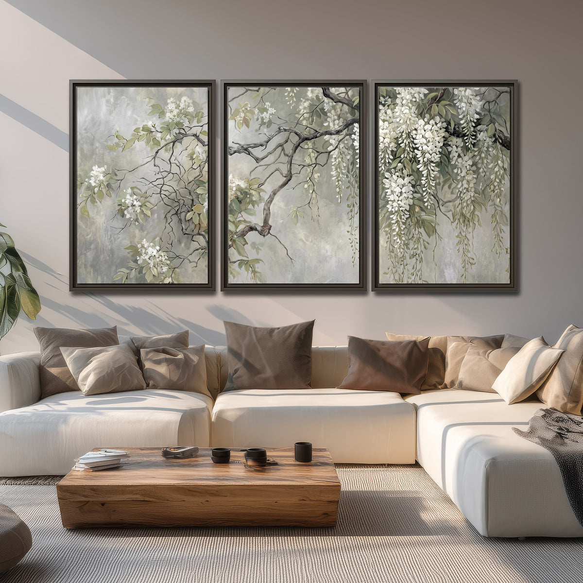 Trailing white blossoms and delicate green branches on pale gray 3 piece framed canvas wall art displayed in a living room