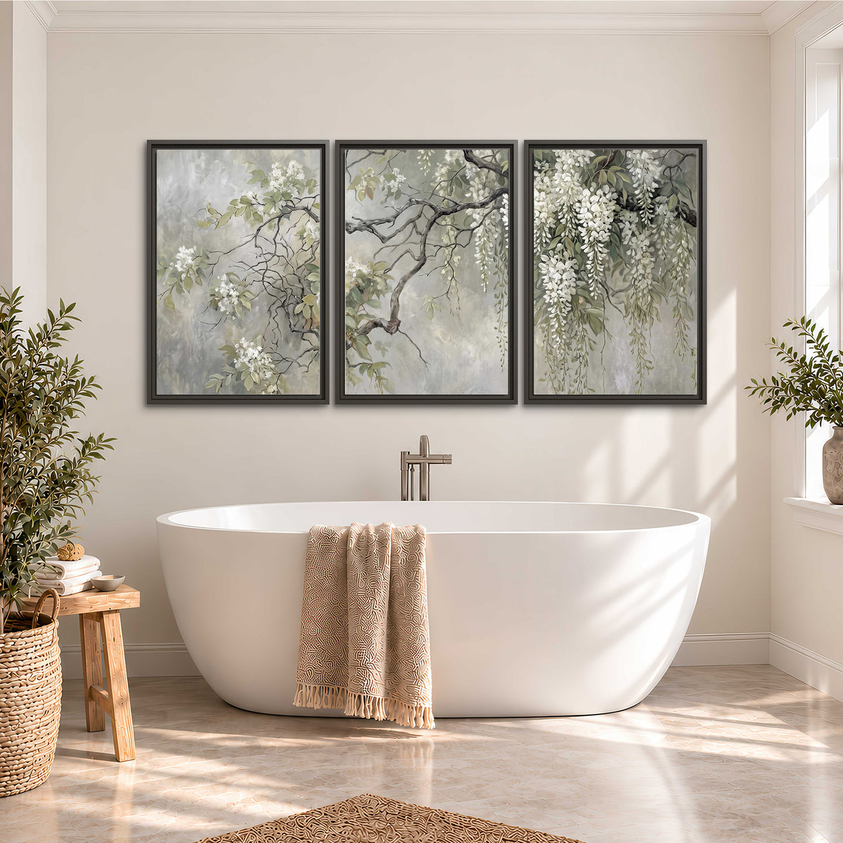 Trailing white blossoms and delicate green branches on pale gray 3 piece framed canvas wall art styled in an interior