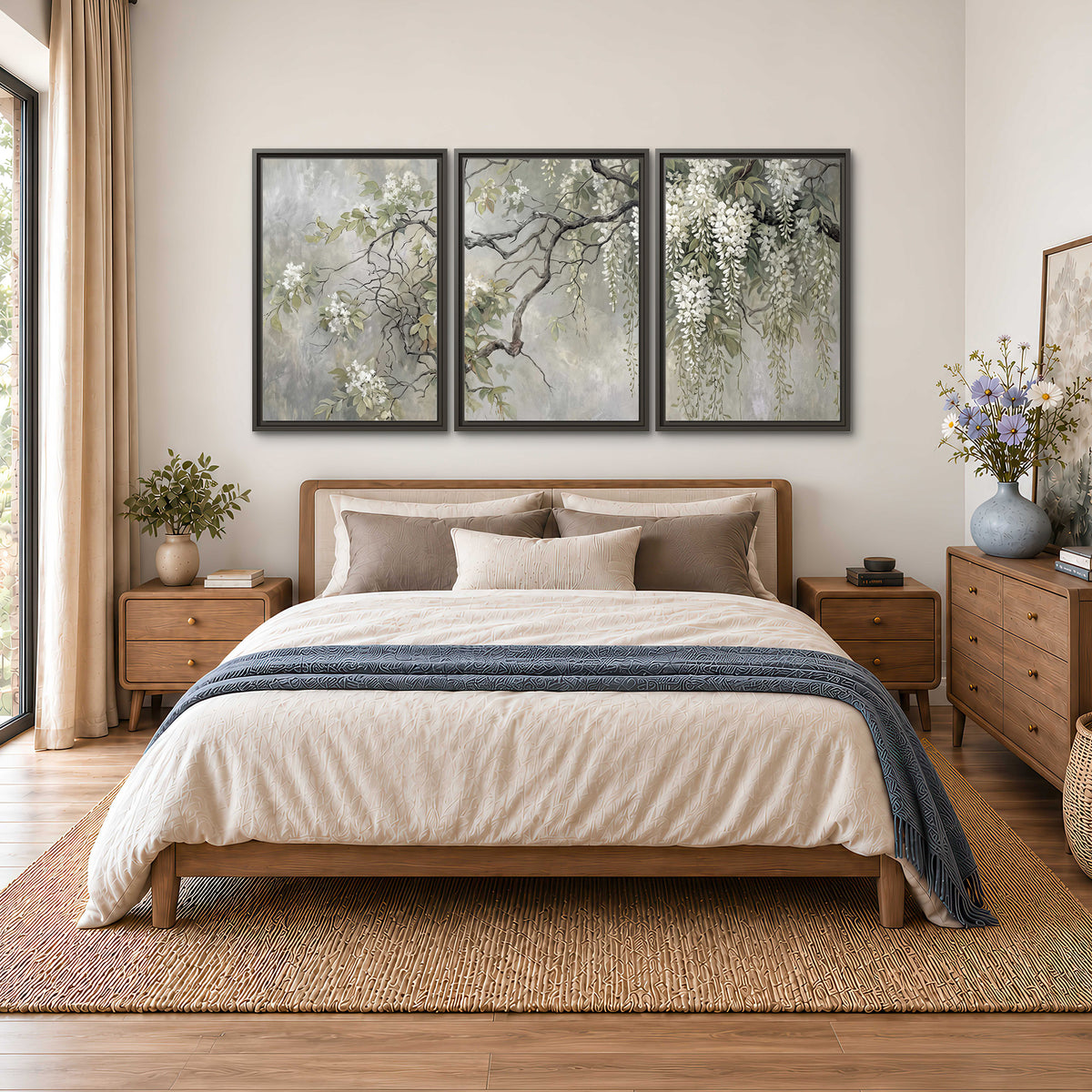 Trailing white blossoms and delicate green branches on pale gray 3 piece framed canvas wall art styled in an interior