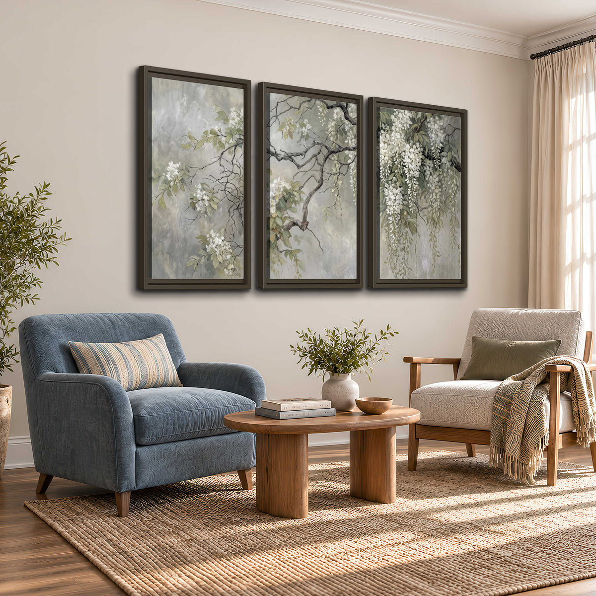 Trailing white blossoms and delicate green branches on pale gray 3 piece framed canvas wall art styled in an interior