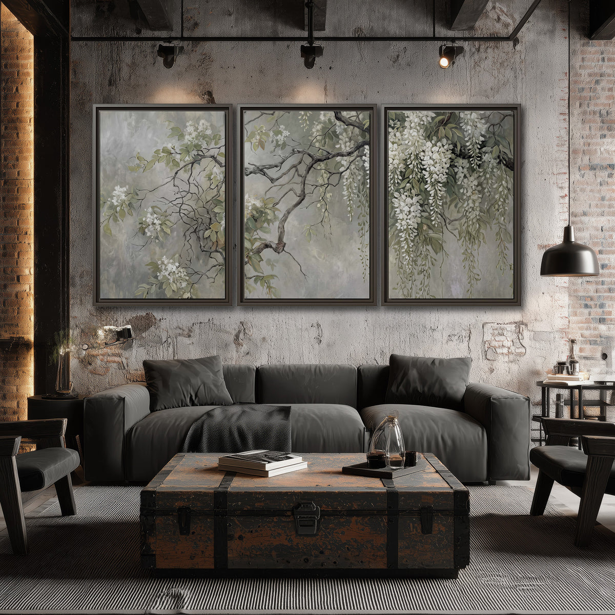 Trailing white blossoms and delicate green branches on pale gray 3 piece framed canvas wall art displayed in a industrial room