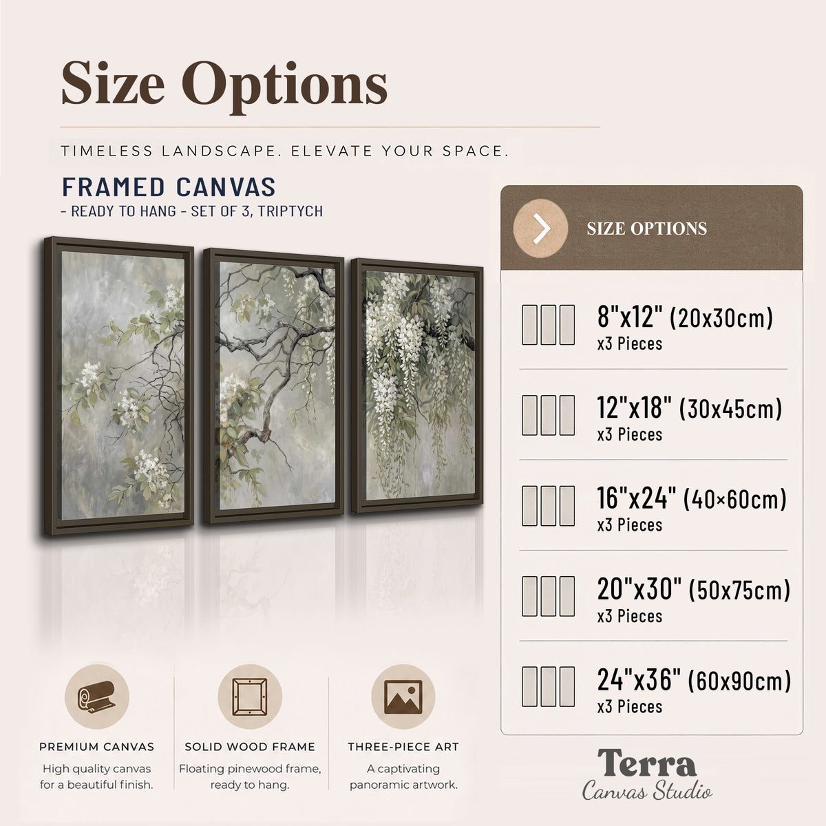 Trailing white blossoms and delicate green branches on pale gray 3 piece framed canvas wall art available dimensions; triptych dimensions are per panel