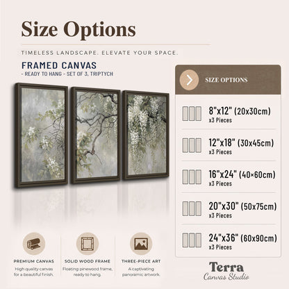 Trailing white blossoms and delicate green branches on pale gray 3 piece framed canvas wall art available dimensions; triptych dimensions are per panel