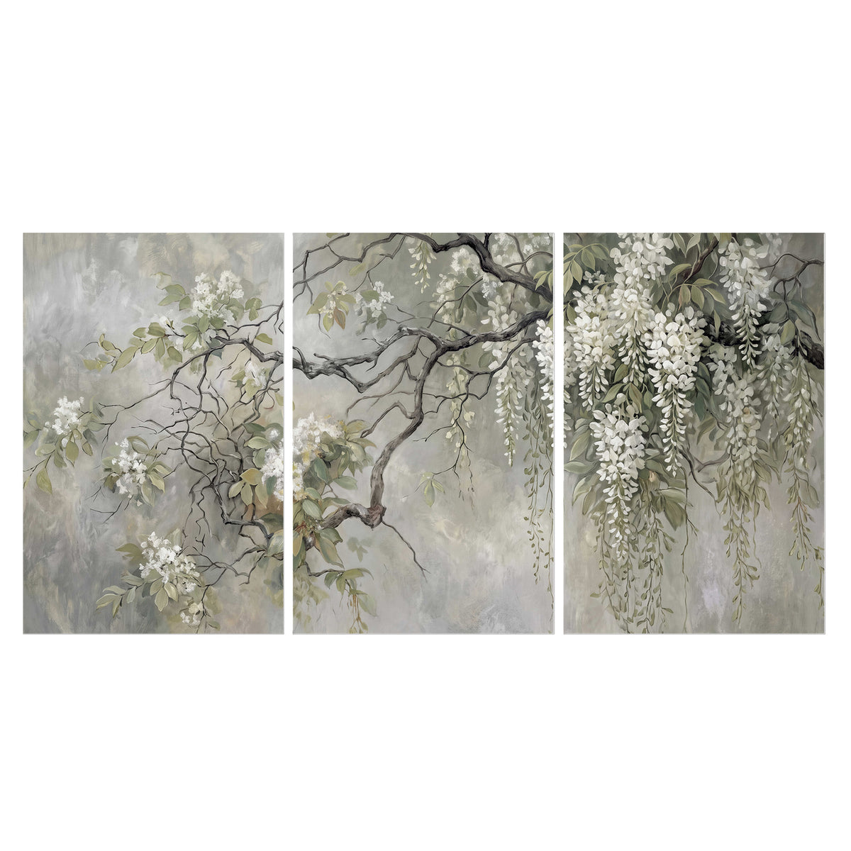 Trailing white blossoms and delicate green branches on pale gray set of 3 poster prints viewed straight on