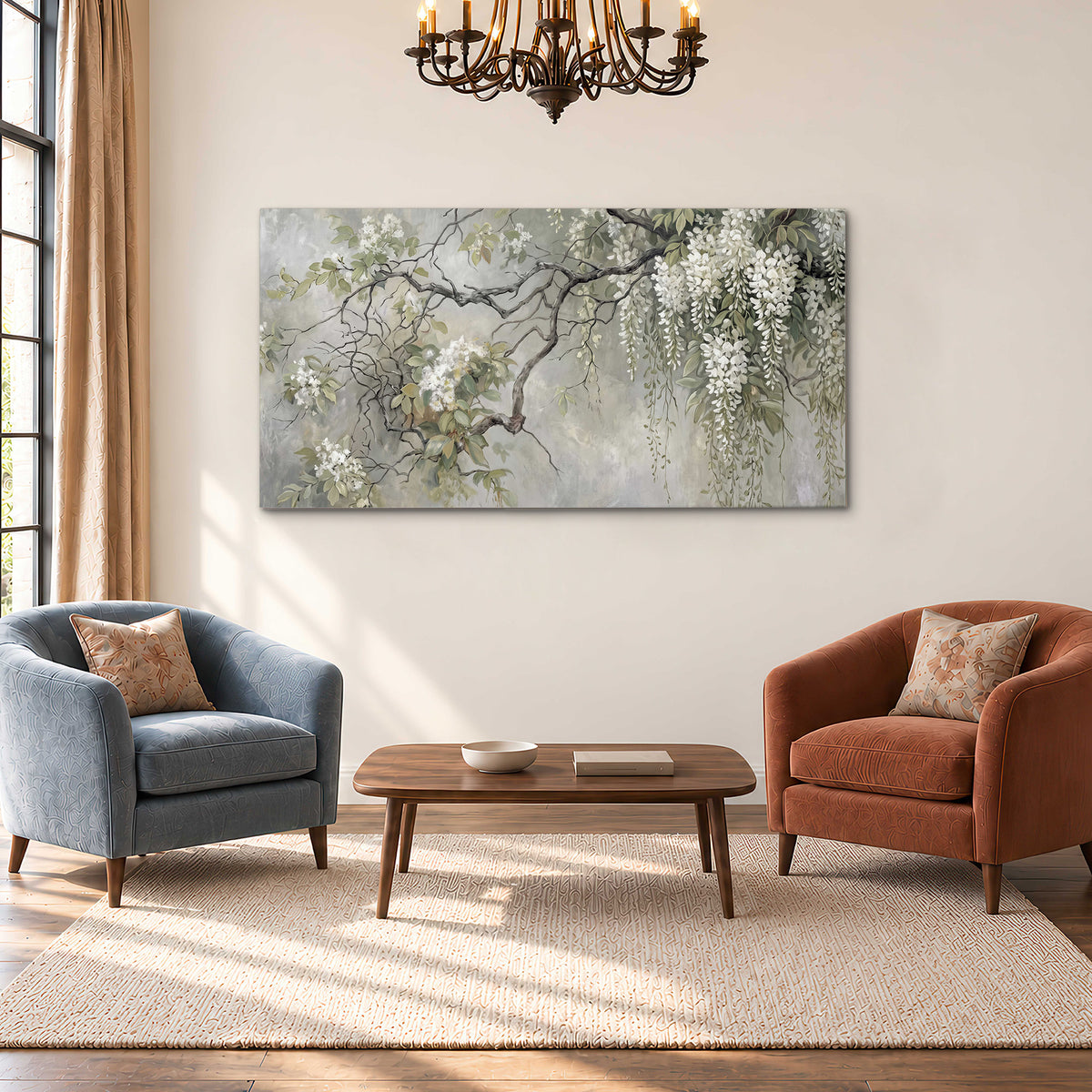 Trailing white blossoms and delicate green branches on pale gray single canvas wall art styled in an interior