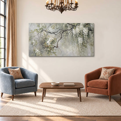 Trailing white blossoms and delicate green branches on pale gray single canvas wall art styled in an interior