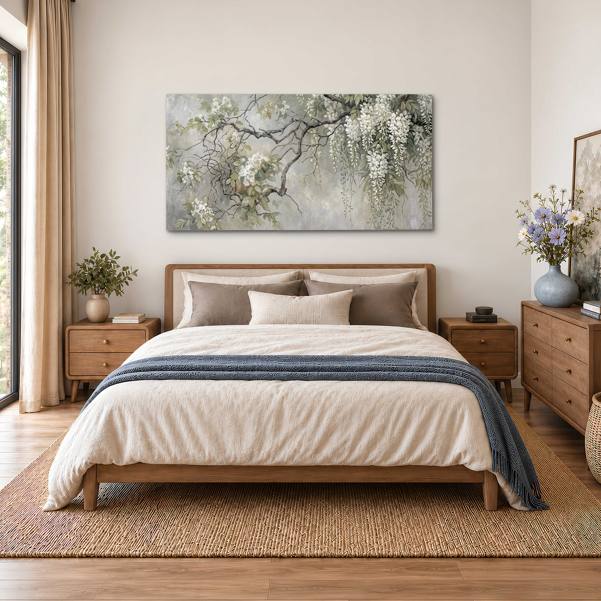 Trailing white blossoms and delicate green branches on pale gray single canvas wall art styled in an interior