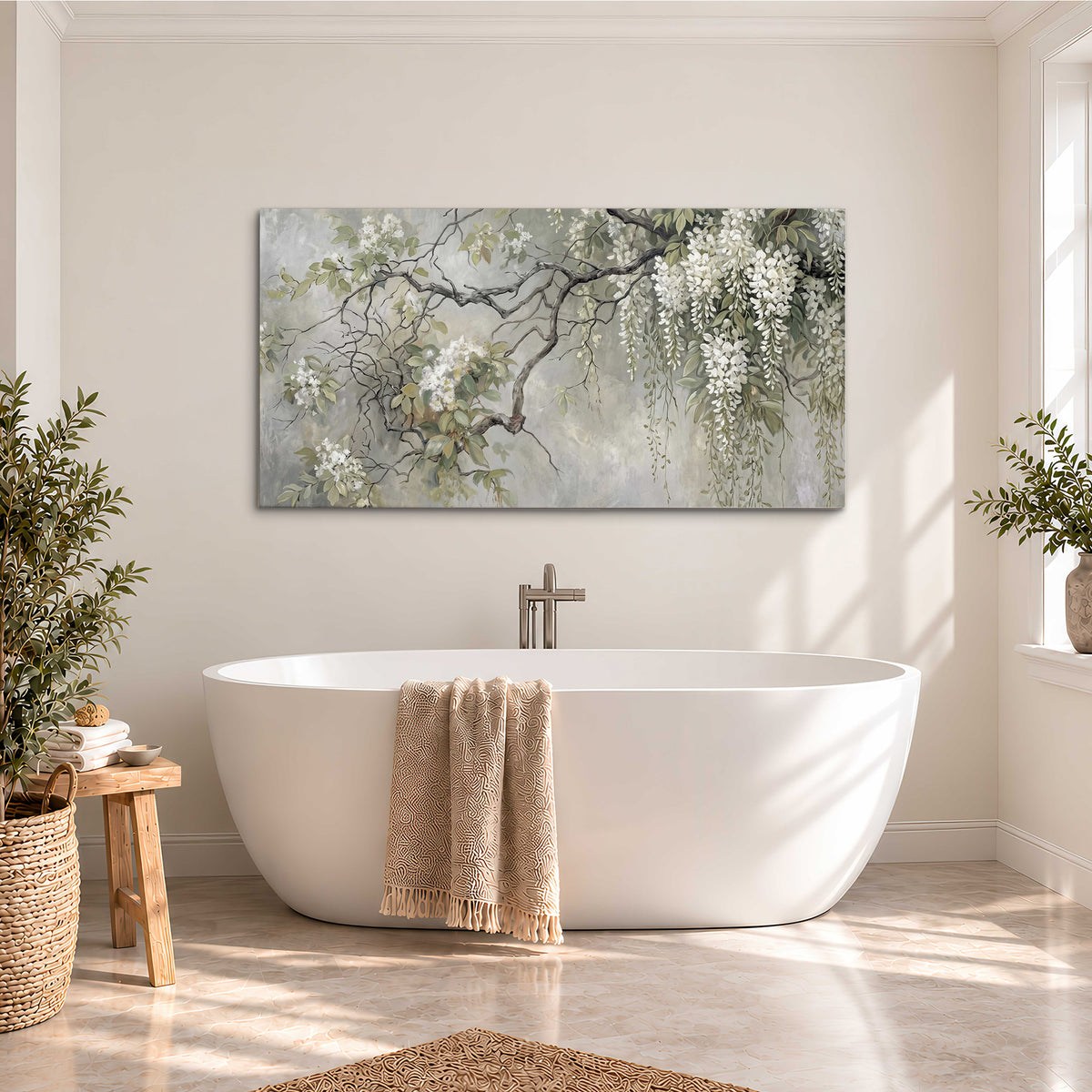 Trailing white blossoms and delicate green branches on pale gray single canvas wall art styled in an interior