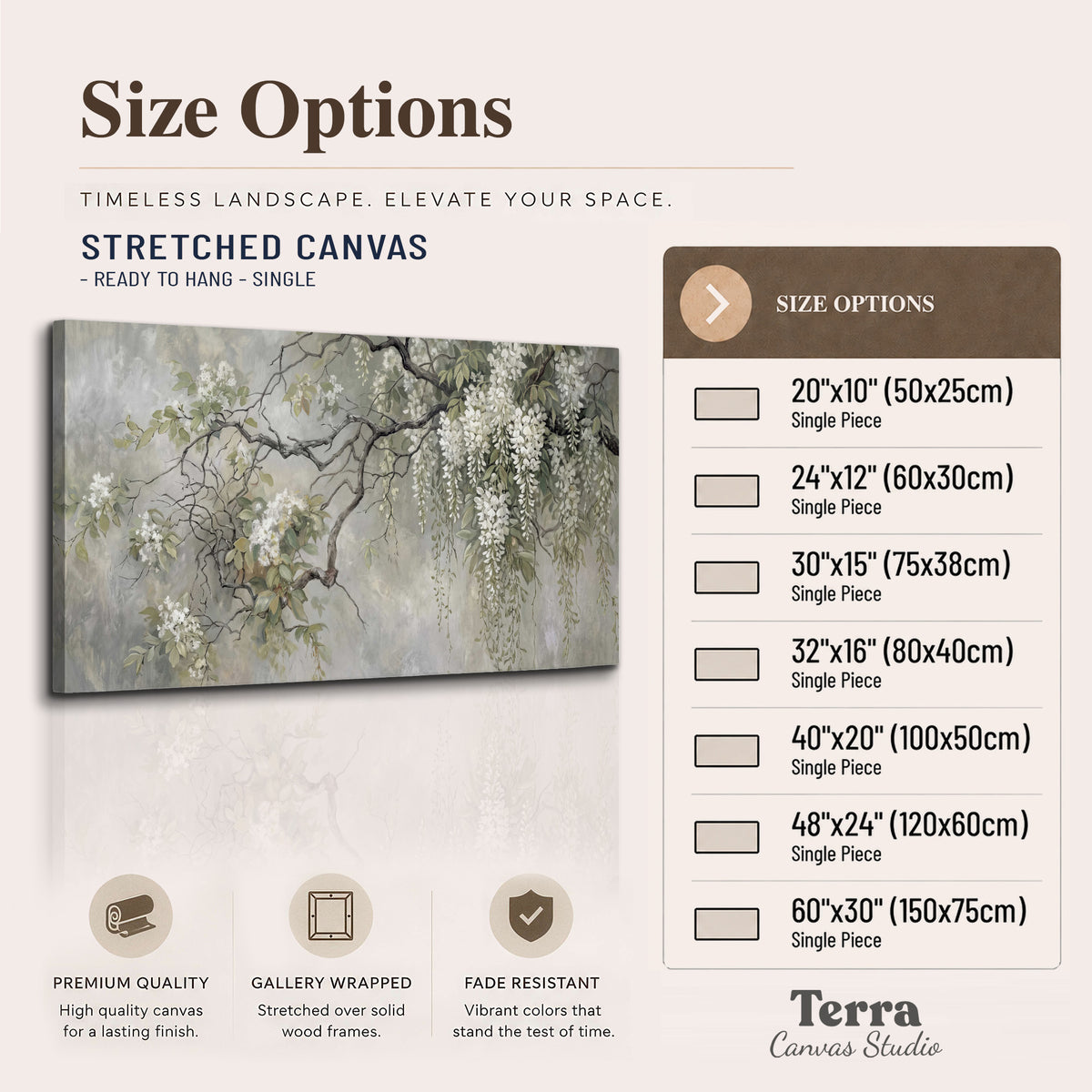 Trailing white blossoms and delicate green branches on pale gray single canvas wall art available dimensions
