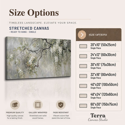 Trailing white blossoms and delicate green branches on pale gray single canvas wall art available dimensions