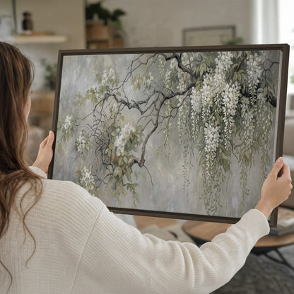 Trailing white blossoms and delicate green branches on pale gray single framed canvas wall art held in hands