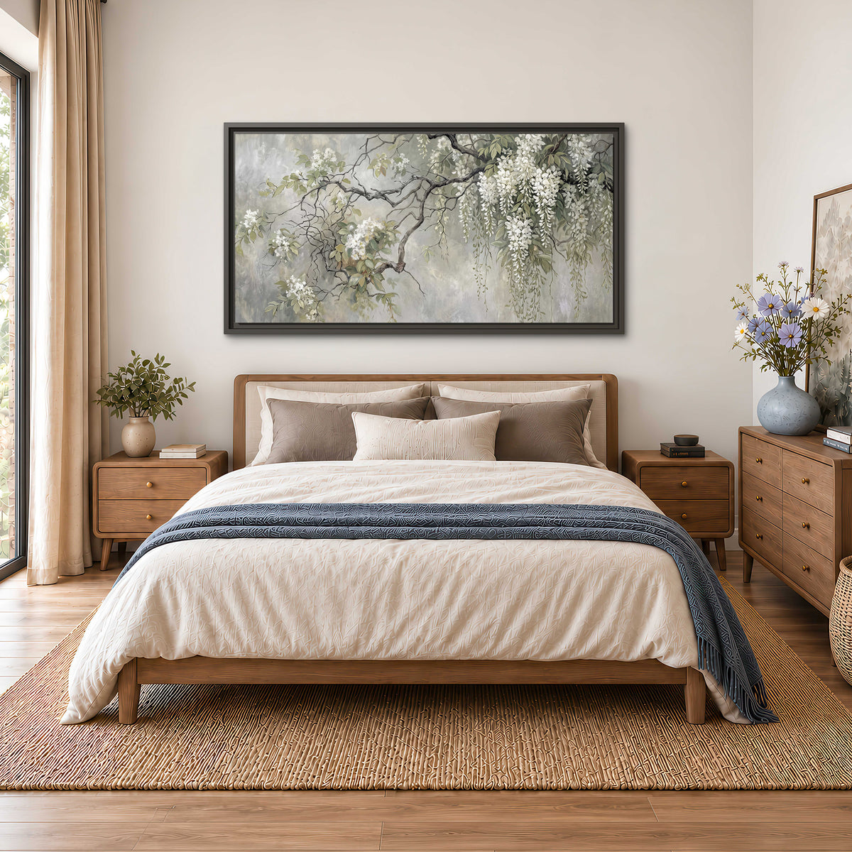 Trailing white blossoms and delicate green branches on pale gray single framed canvas wall art styled in an interior