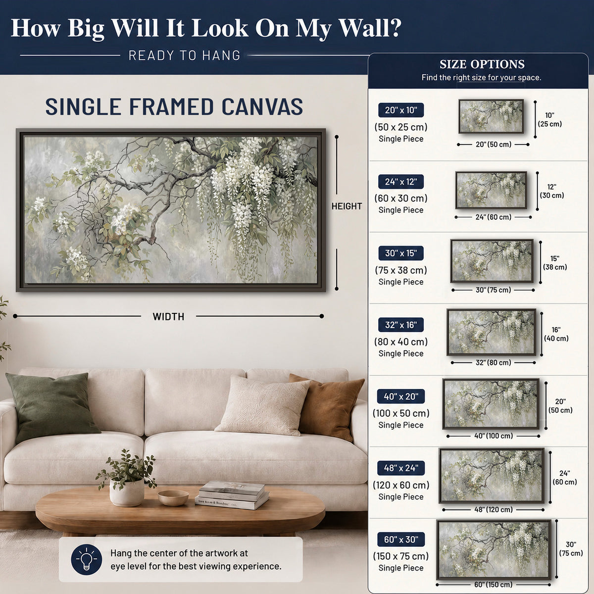 Trailing white blossoms and delicate green branches on pale gray single framed canvas wall art size guide above a sofa; room view is illustrative