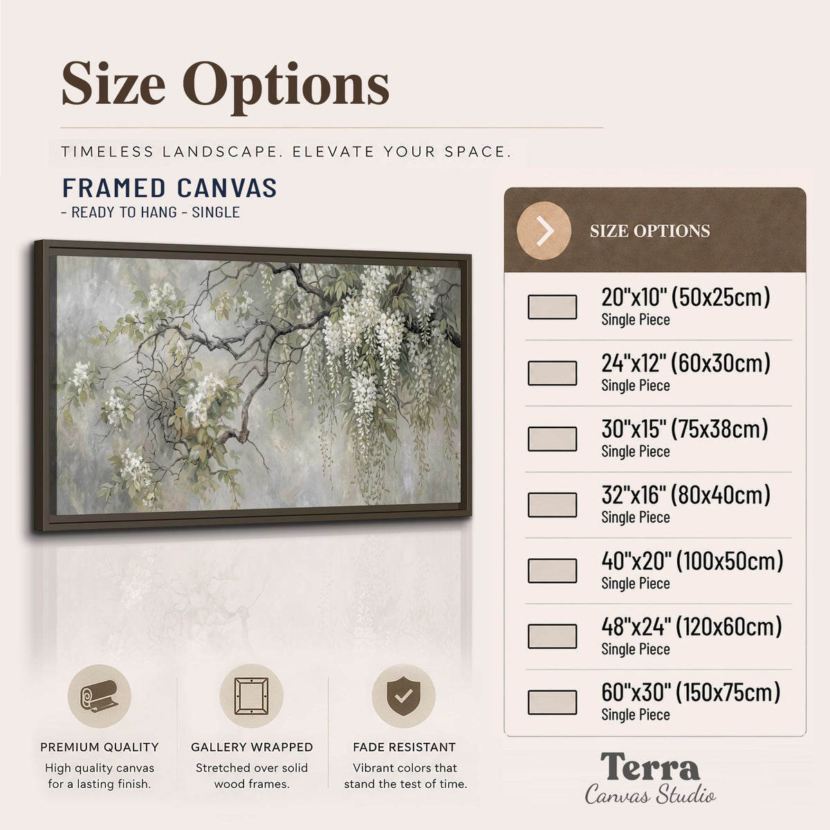 Trailing white blossoms and delicate green branches on pale gray single framed canvas wall art available dimensions