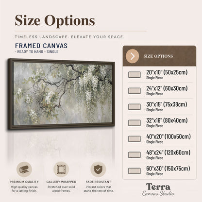 Trailing white blossoms and delicate green branches on pale gray single framed canvas wall art available dimensions