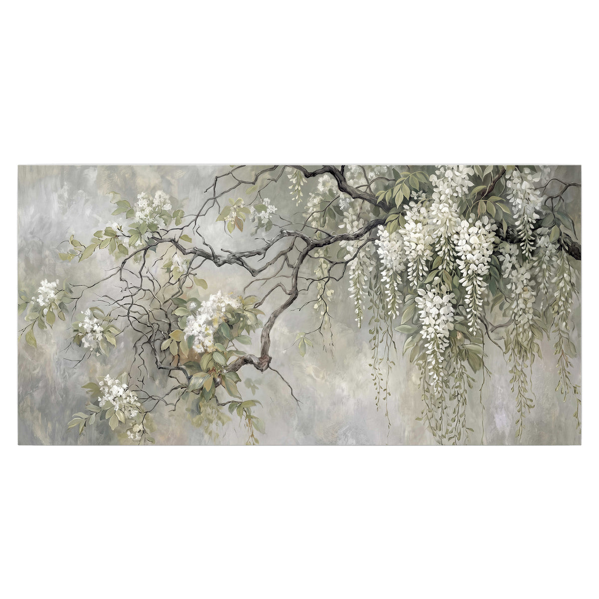 Trailing white blossoms and delicate green branches on pale gray single poster print viewed straight on