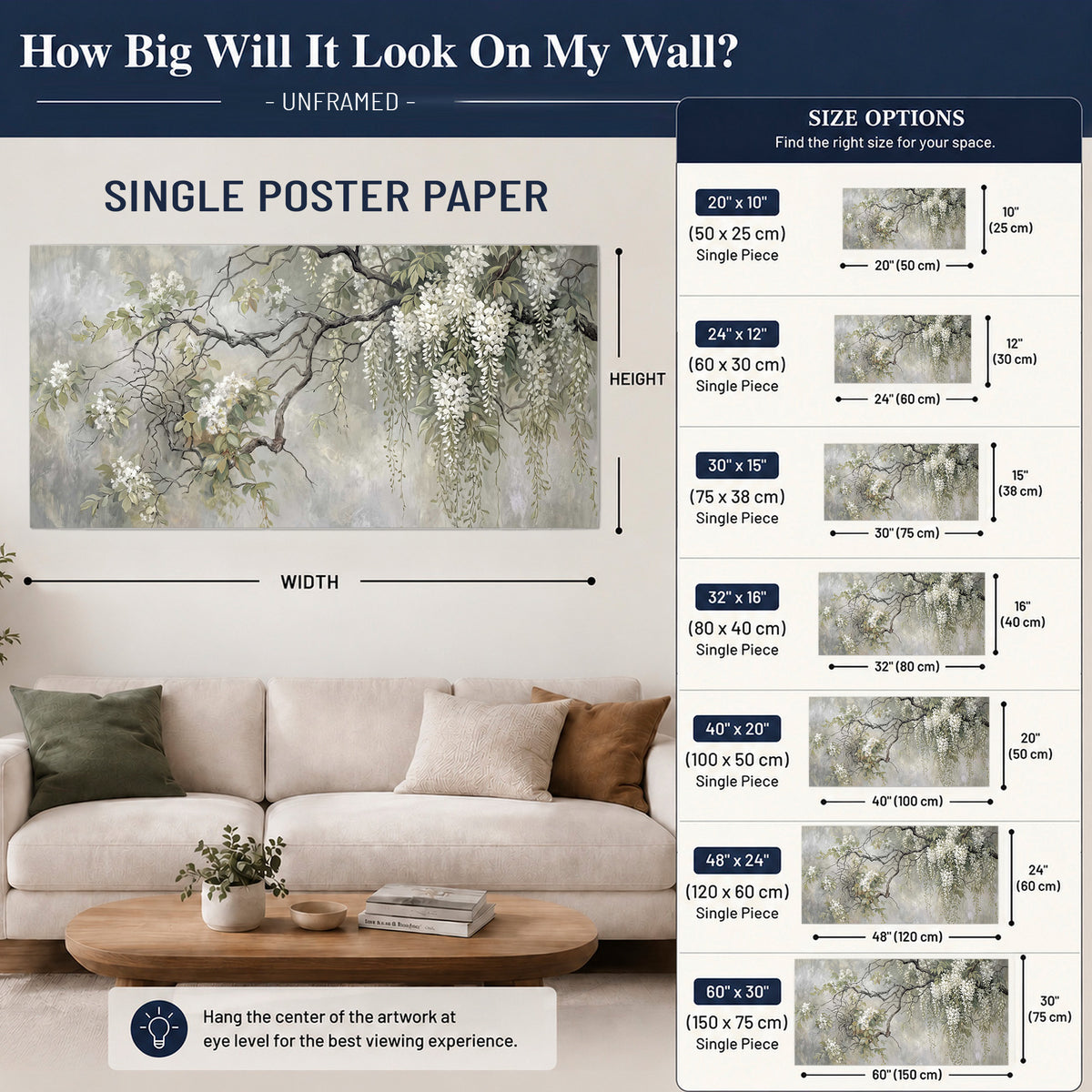 Trailing white blossoms and delicate green branches on pale gray single poster print size guide above a sofa; room view is illustrative