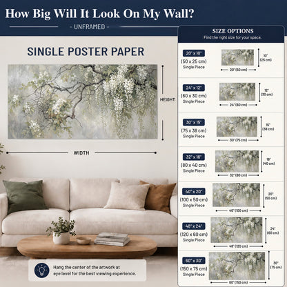 Trailing white blossoms and delicate green branches on pale gray single poster print size guide above a sofa; room view is illustrative