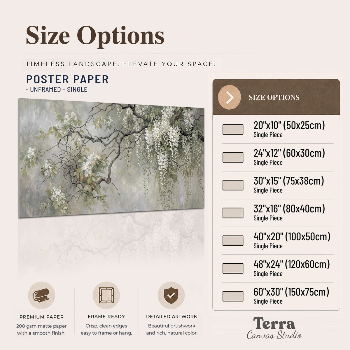 Trailing white blossoms and delicate green branches on pale gray single poster print available dimensions