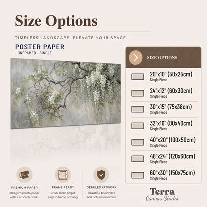 Trailing white blossoms and delicate green branches on pale gray single poster print available dimensions