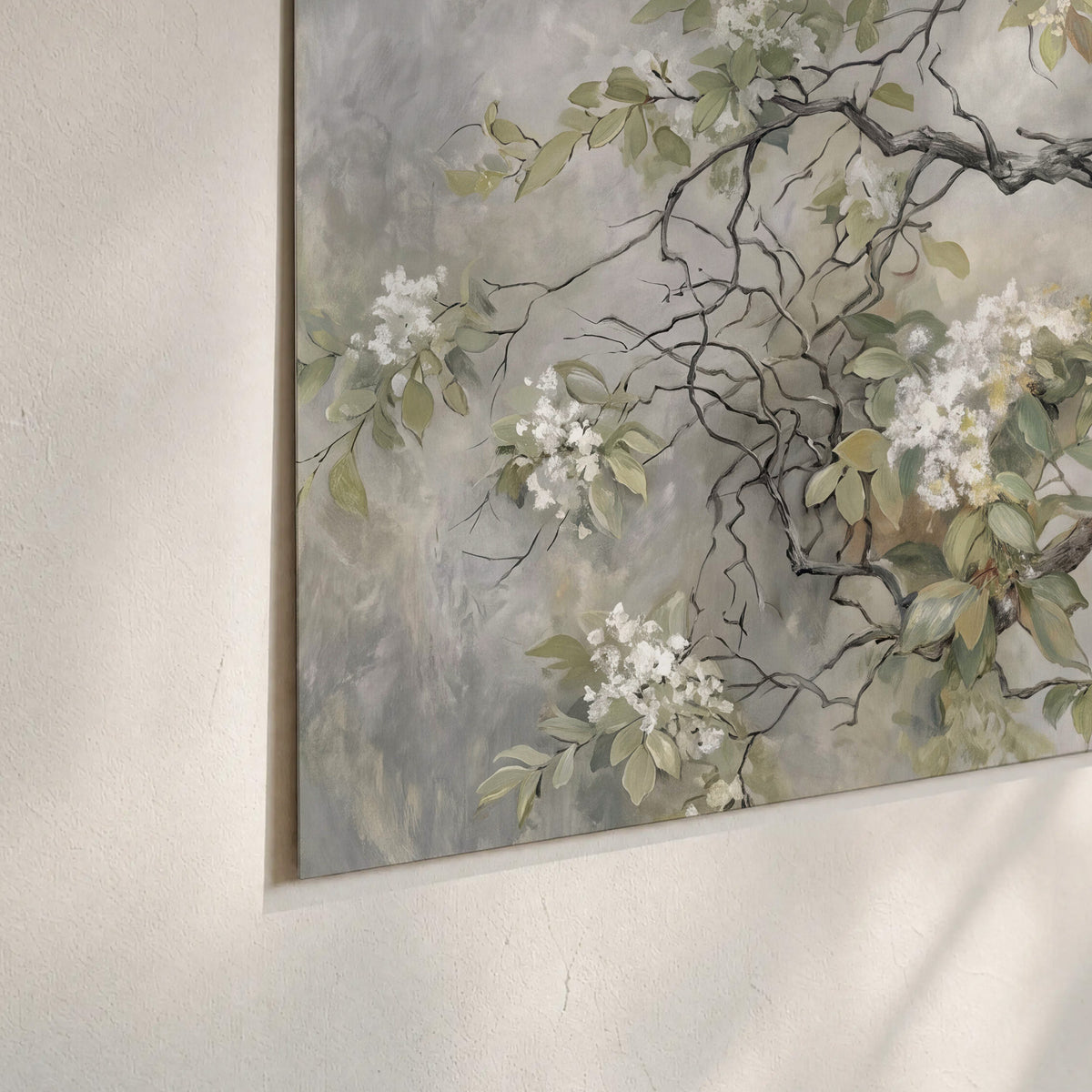 Trailing white blossoms and delicate green branches on pale gray set of 3 poster prints material and edge close up