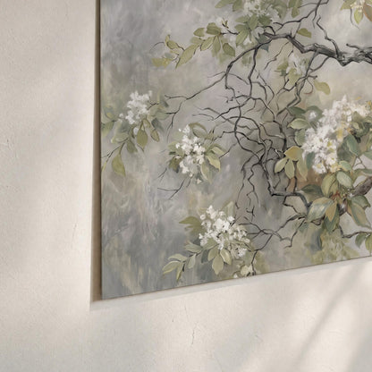Trailing white blossoms and delicate green branches on pale gray set of 3 poster prints material and edge close up