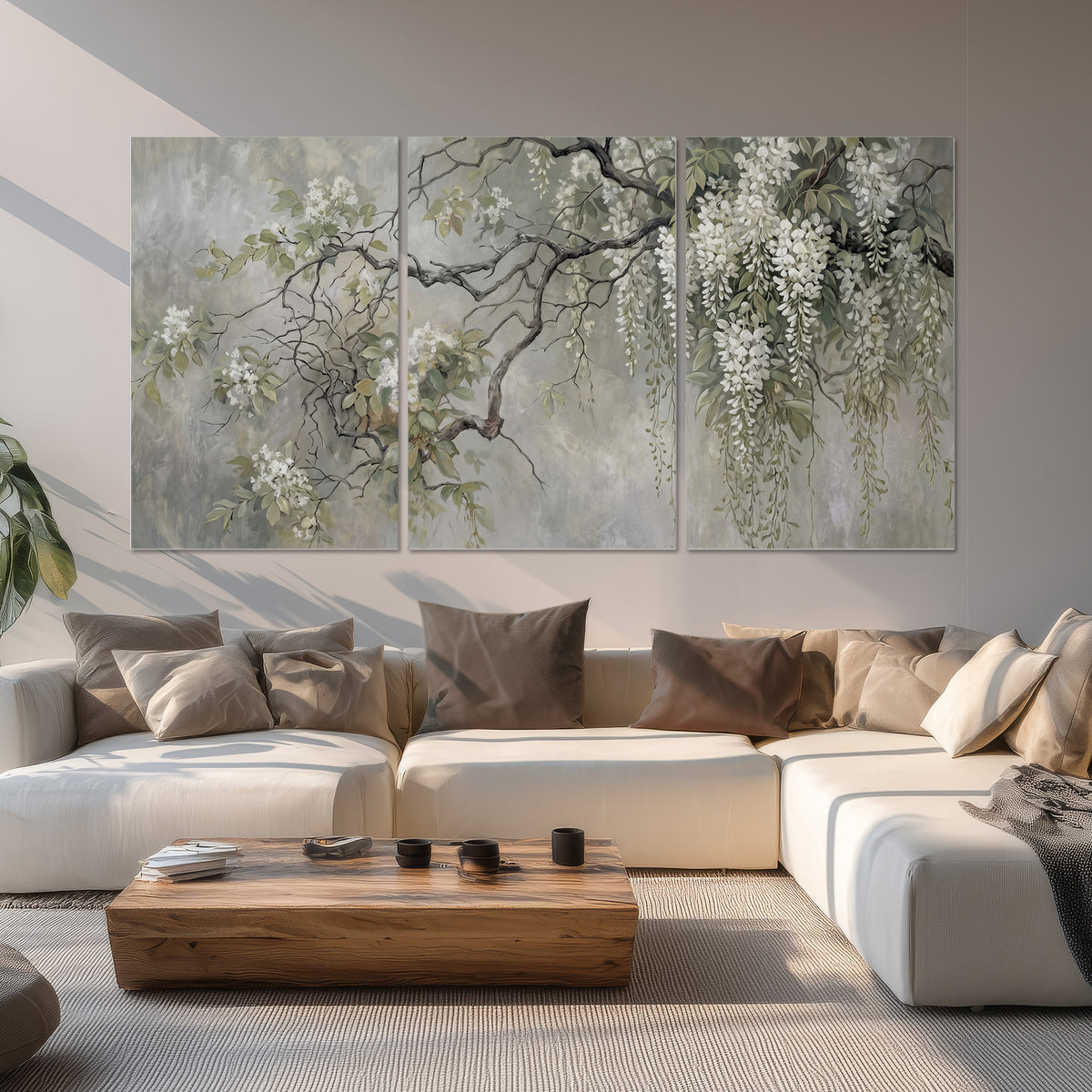 Trailing white blossoms and delicate green branches on pale gray set of 3 poster prints displayed in a living room