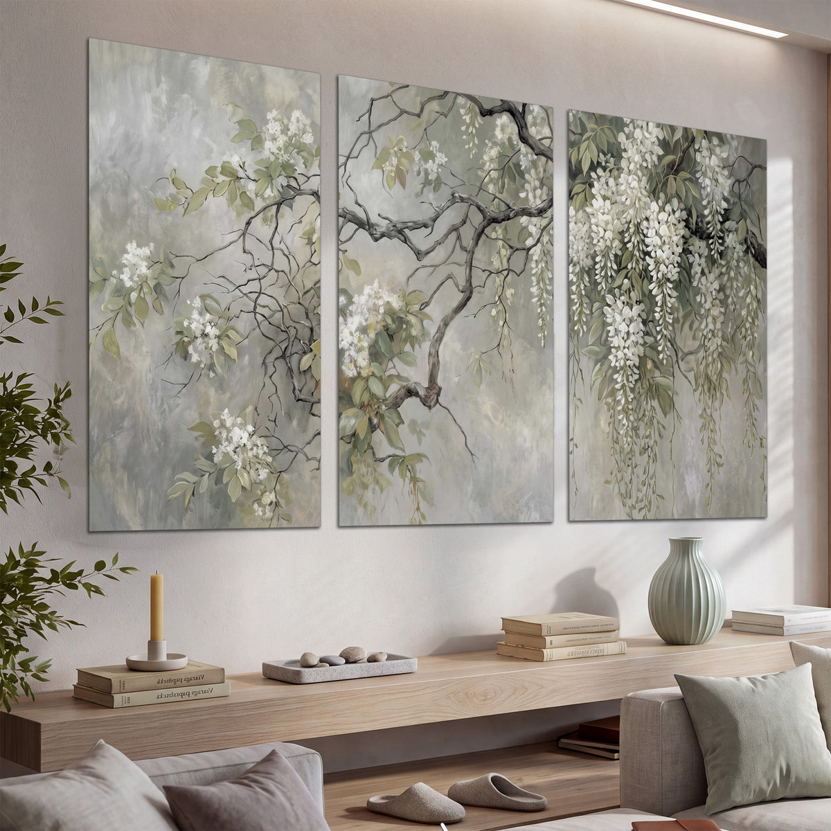 Trailing white blossoms and delicate green branches on pale gray set of 3 poster prints displayed in a console