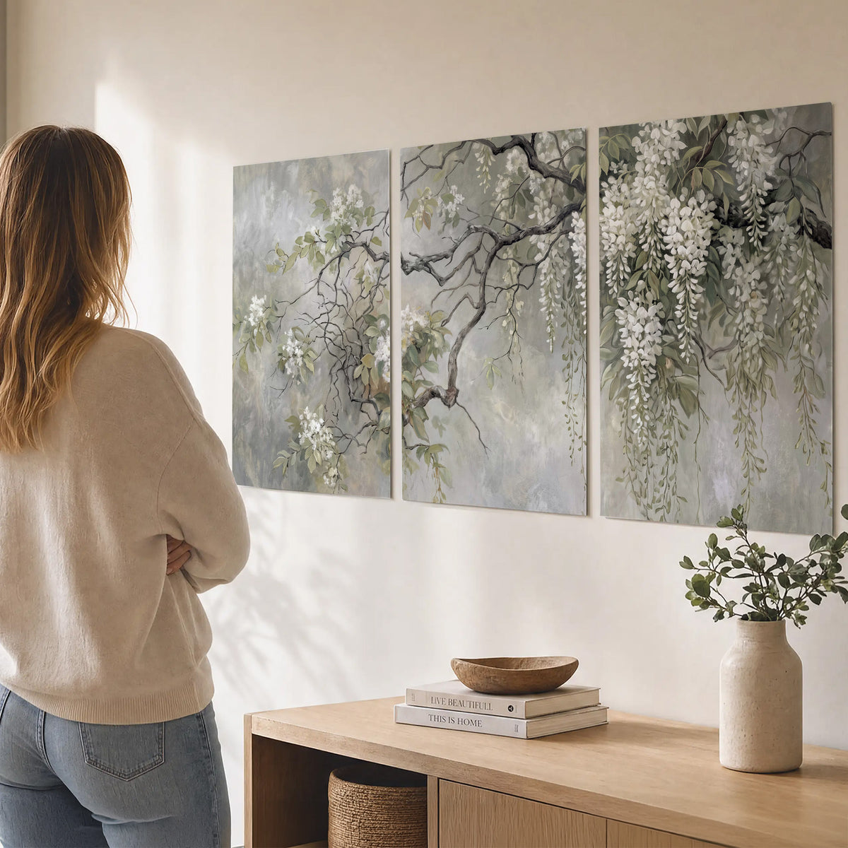 Trailing white blossoms and delicate green branches on pale gray set of 3 poster prints three panel arrangement on a wall